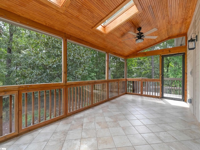 unfurnished sunroom featuring wood ceiling, vaulted ceiling with skylight, and ceiling fan