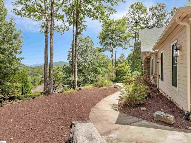 view of yard with a patio and a mountain view