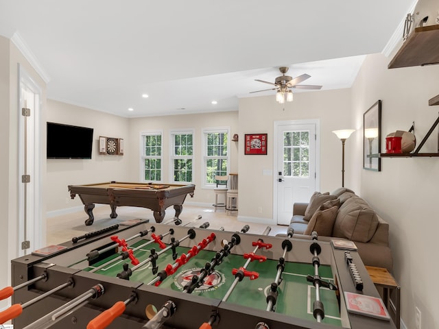 recreation room with billiards and ceiling fan