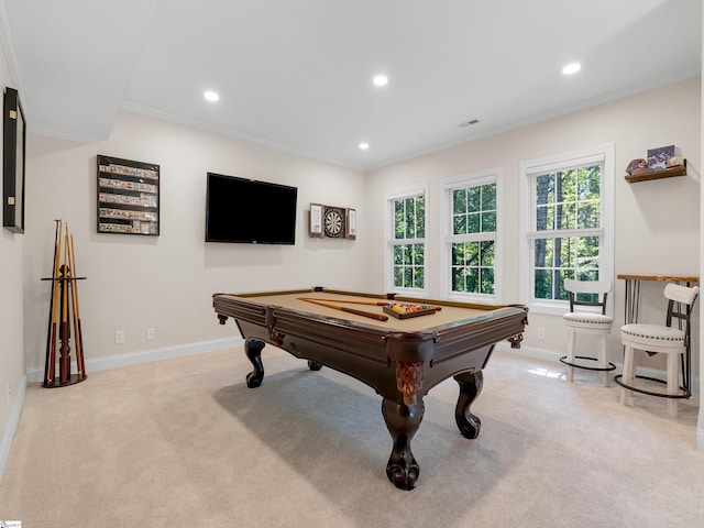 playroom featuring billiards, light colored carpet, and crown molding