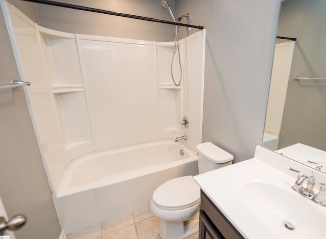 bathroom featuring tile patterned flooring, shower / washtub combination, toilet, and vanity