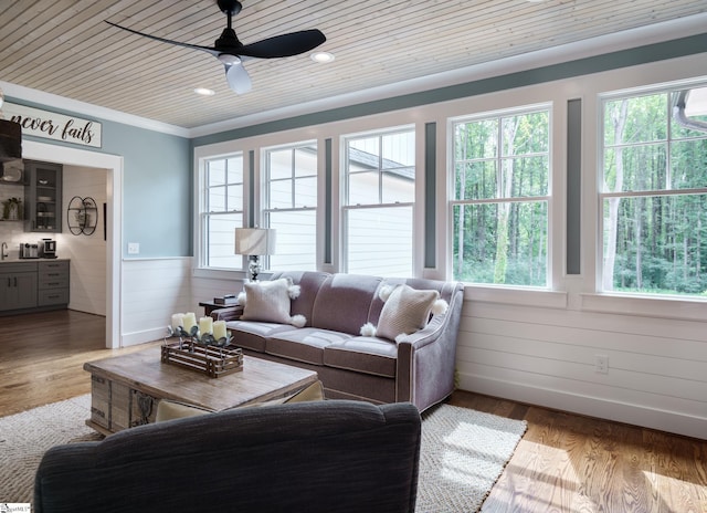 sunroom / solarium with wood ceiling, plenty of natural light, and ceiling fan