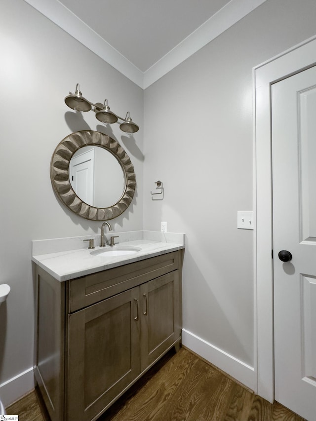 bathroom with crown molding, vanity, and wood-type flooring