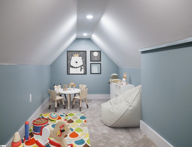 game room featuring lofted ceiling and carpet floors