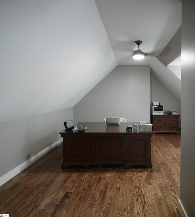 office space featuring lofted ceiling, wood-type flooring, and ceiling fan