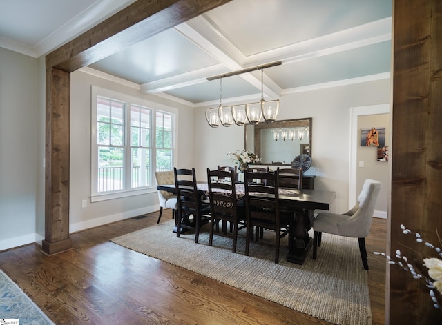 dining room featuring crown molding, dark hardwood / wood-style flooring, a notable chandelier, and beamed ceiling