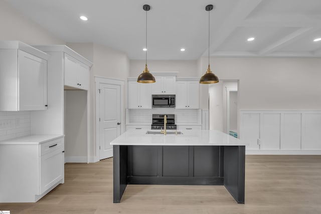 103 Leon Dr, Anderson, SC 29621 - kitchen featuring backsplash, white cabinetry, stainless steel range oven, and recessed lighting