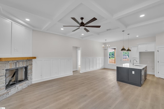 103 Leon Dr, Anderson, SC 29621 - kitchen with coffered ceiling, a stone fireplace, open floor plan, a ceiling fan, and white cabinetry