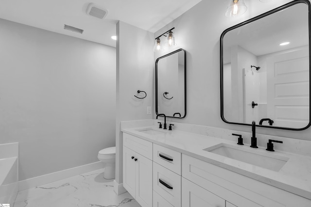 full bathroom featuring vanity, toilet, and independent shower and bath