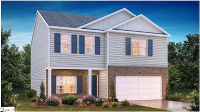 view of front of home with concrete driveway, an attached garage, brick siding, and a front yard