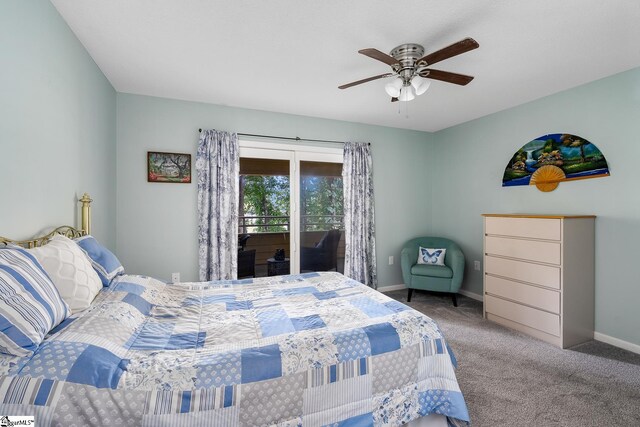 carpeted bedroom with a ceiling fan and baseboards