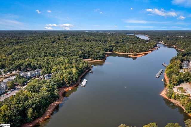 bird's eye view with a water view and a wooded view