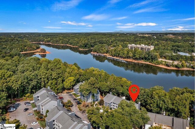 drone / aerial view with a water view and a wooded view