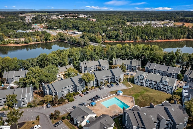 aerial view featuring a residential view and a water view