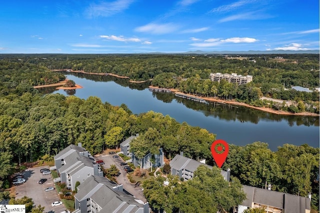 bird's eye view featuring a water view and a wooded view