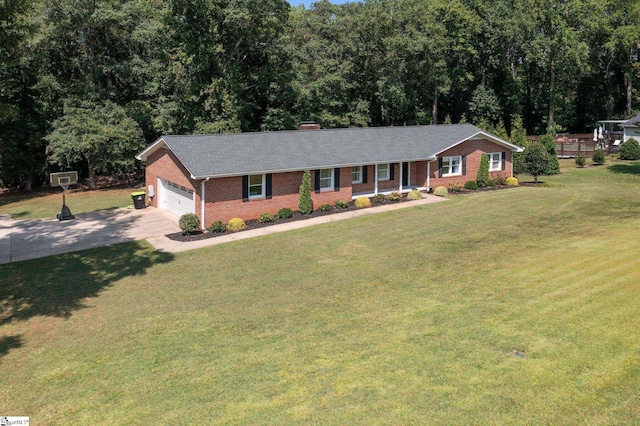 single story home featuring a front lawn and a garage