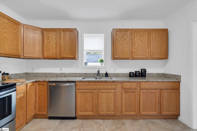 kitchen with crown molding, light stone counters, sink, and appliances with stainless steel finishes