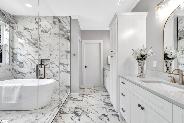 bathroom featuring tile walls, separate shower and tub, ornamental molding, and vanity