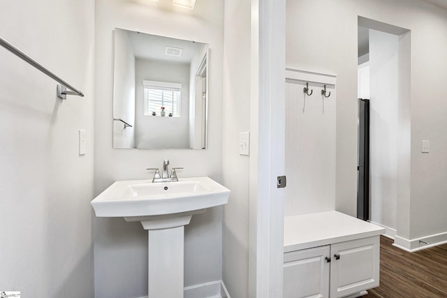 bathroom with hardwood / wood-style floors