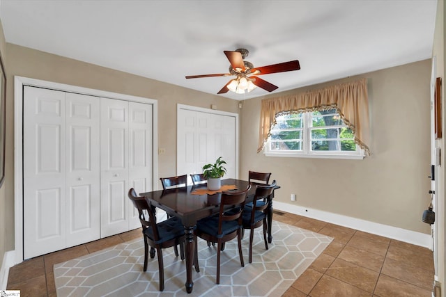 tiled dining space featuring ceiling fan