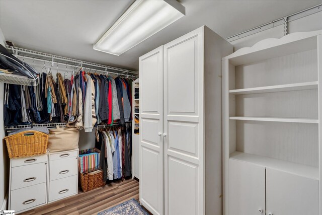 walk in closet with wood-type flooring