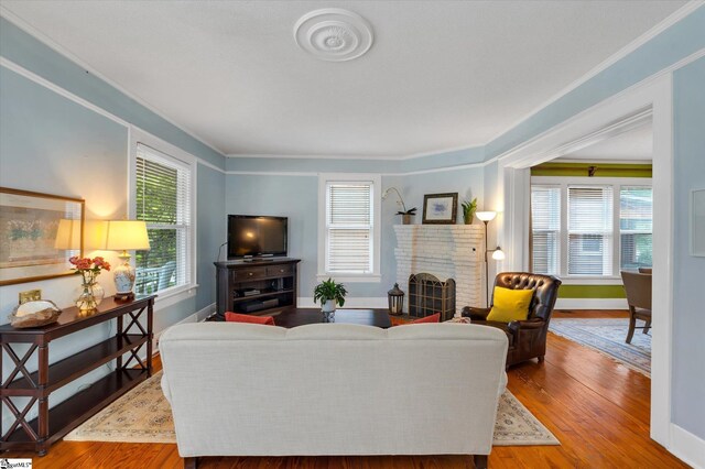 living room featuring a fireplace, crown molding, and wood-type flooring