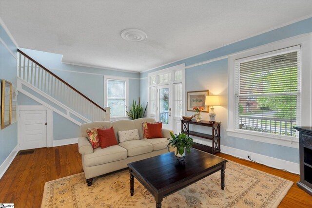 living room featuring ornamental molding, plenty of natural light, and hardwood / wood-style floors