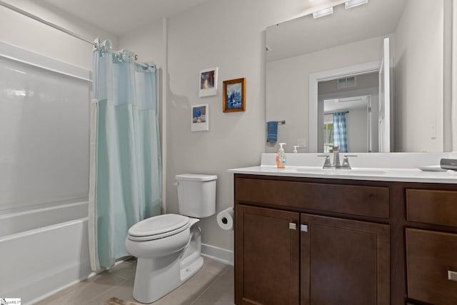 full bathroom with vanity, toilet, shower / tub combo, and tile patterned flooring