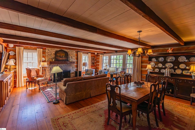 dining room with wooden ceiling, an inviting chandelier, light wood-type flooring, log walls, and beamed ceiling