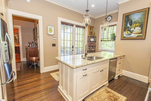 571 E Main St, Spartanburg, SC 29302 - kitchen with a sink, baseboards, appliances with stainless steel finishes, dark wood-style flooring, and ornamental molding