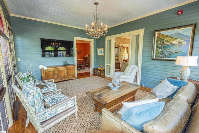 571 E Main St, Spartanburg, SC 29302 - living room featuring a chandelier, wood walls, and wooden ceiling