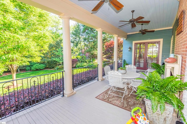 view of patio with french doors and ceiling fan