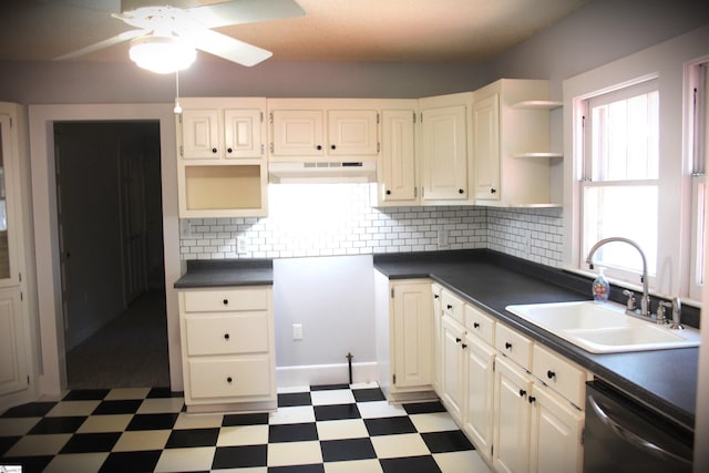 kitchen with dishwasher, sink, ceiling fan, and decorative backsplash