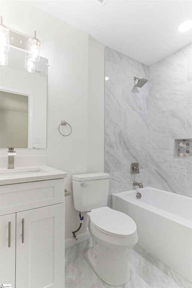 full bath with vanity, baseboards, shower / bathing tub combination, toilet, and marble finish floor