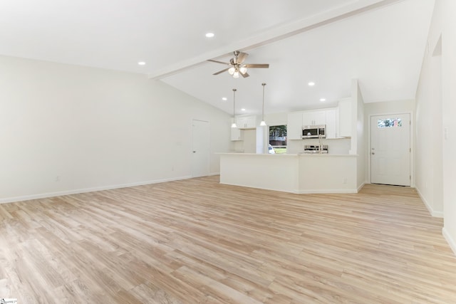 unfurnished living room with light hardwood / wood-style floors, ceiling fan, and lofted ceiling with beams