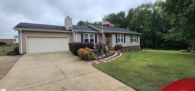 single story home with a garage and a front lawn