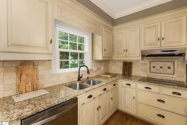 kitchen featuring cream cabinets, dishwasher, black electric stovetop, and sink