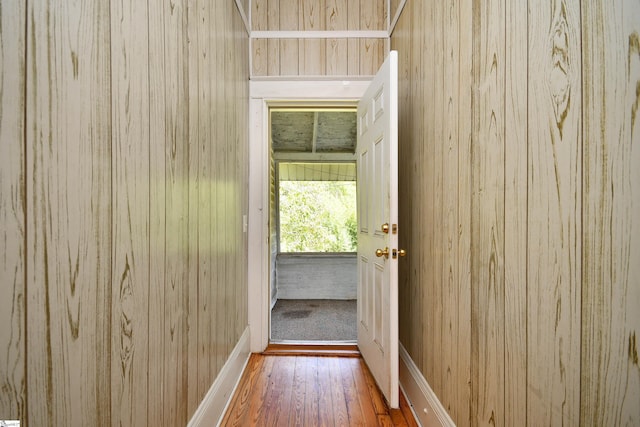 hall with hardwood / wood-style flooring and wooden walls