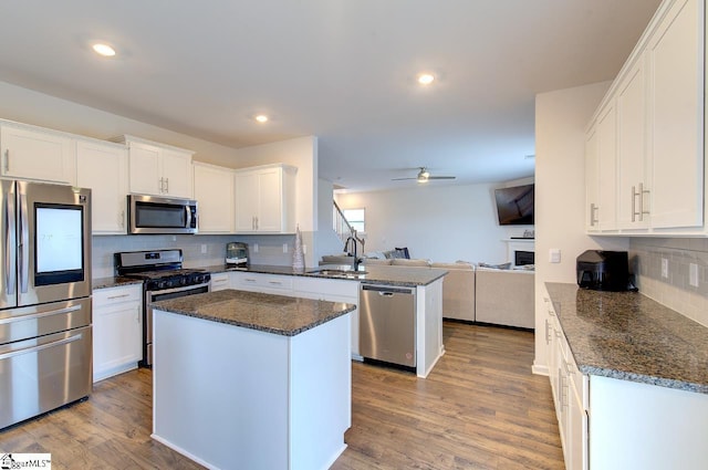 kitchen with ceiling fan, a sink, stainless steel appliances, open floor plan, and a peninsula