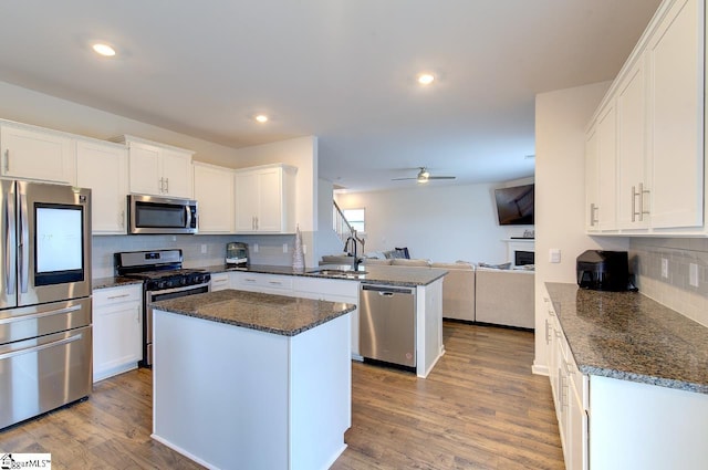 kitchen with ceiling fan, appliances with stainless steel finishes, a sink, a peninsula, and open floor plan