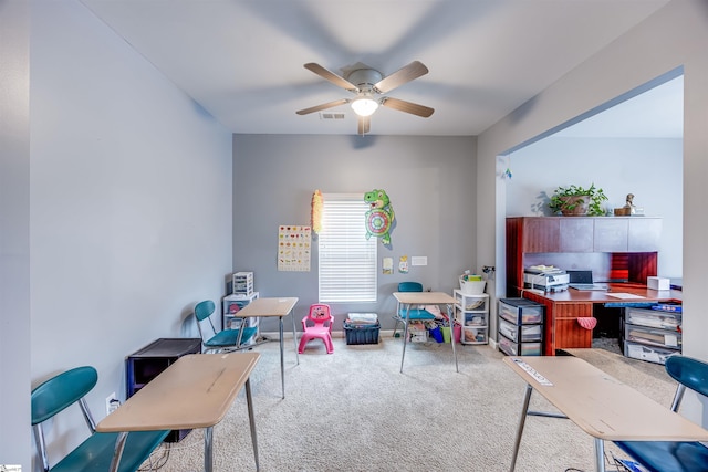 game room featuring ceiling fan and carpet floors