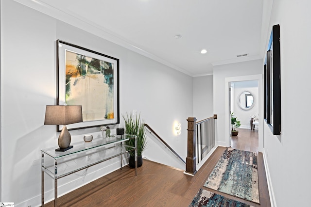 hallway featuring crown molding and dark hardwood / wood-style flooring