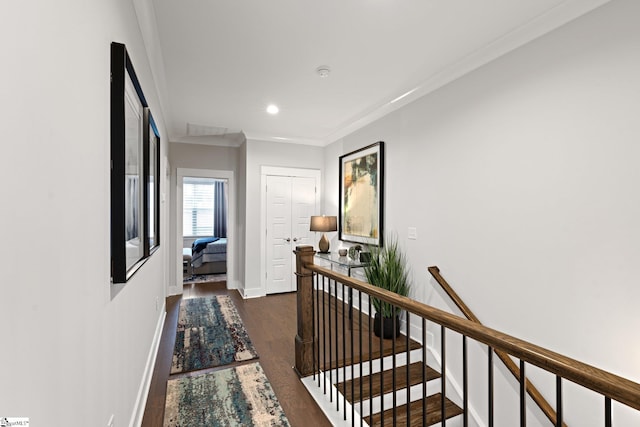 corridor with dark wood-type flooring and crown molding