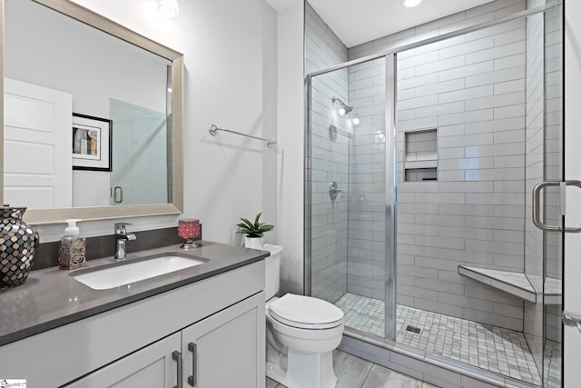 bathroom with vanity, toilet, and walk in shower