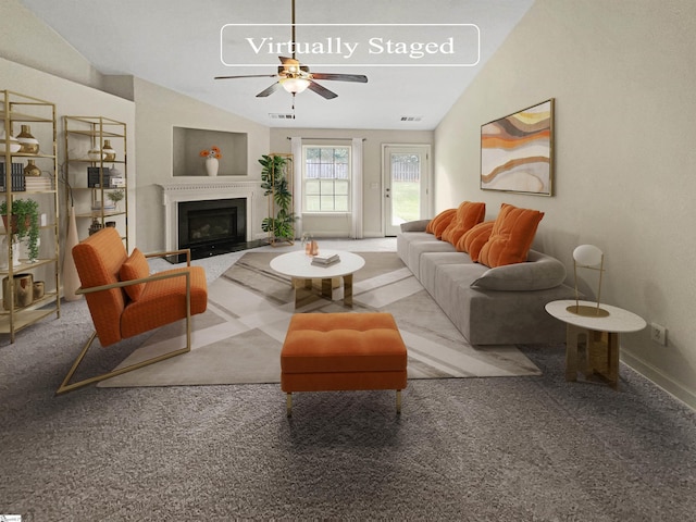 living room featuring ceiling fan, vaulted ceiling, and carpet