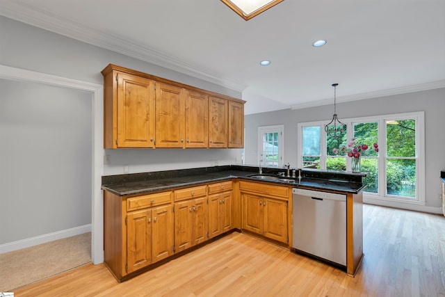 kitchen featuring kitchen peninsula, light wood-type flooring, decorative light fixtures, and stainless steel dishwasher