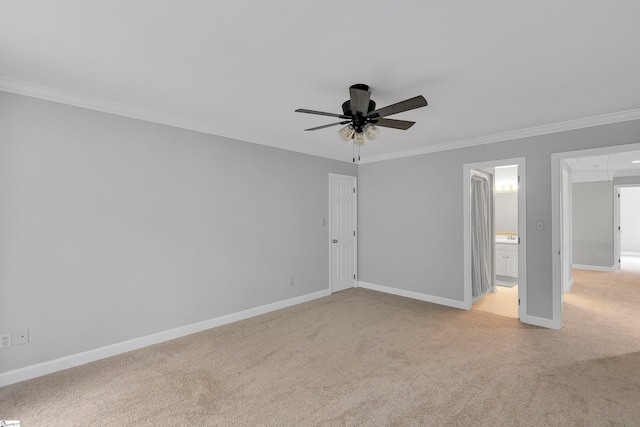 unfurnished bedroom featuring light carpet, connected bathroom, and ceiling fan