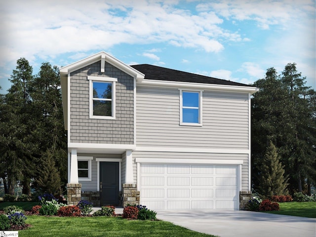 view of front facade featuring a garage and a front lawn