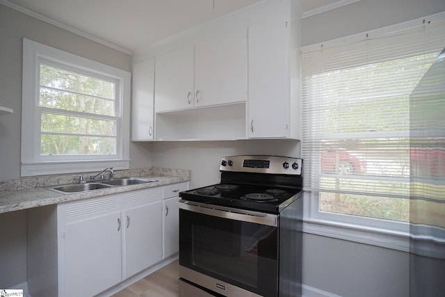 kitchen featuring ornamental molding, stainless steel electric stove, sink, and white cabinetry