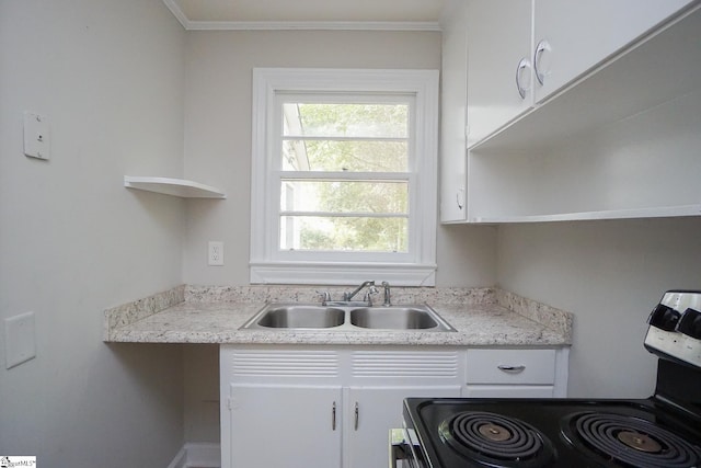 kitchen with sink, white cabinetry, stainless steel electric range oven, crown molding, and light stone countertops